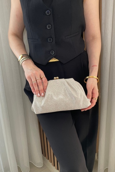 Fibag Kadın Altın Rengi Burslu Clutch Çanta - Zimcir Askılı El Ve Omuz Çantası