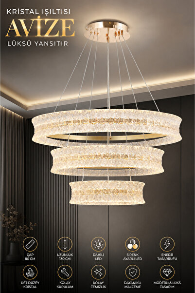 Elvora Home Modern (PREMIUM) Lüks Kristal Taşlı LEDli Avize 3 Renkli Gold Sar...