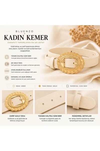 Bluenzo Gold Tokalı Kadın Kemer-Krem