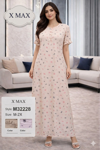 XMAX Women's Long Patterned Soft Patterned Robe - Half Sleeve