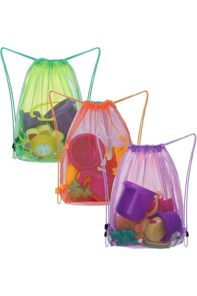 Arabest 3-Pack Mesh Drawstring Sand Toy Bags,Quick Drying,Lightweight,Easy to...