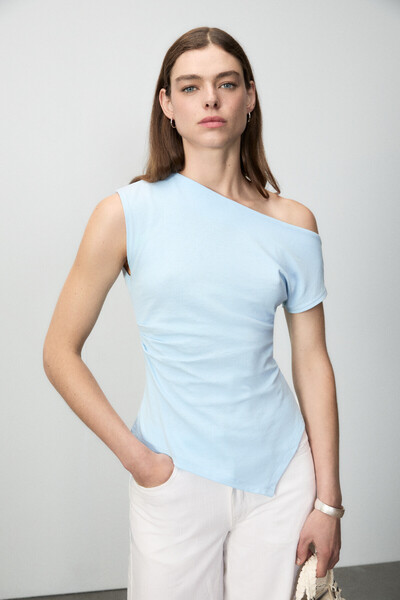 GRIMELANGE Rehinga Women's Asymmetrical Collar Regular Short Sleeve Light Blu...