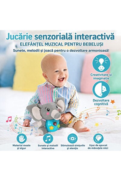 Salamandra Kids Jucărie senzoriala si interactiva de pluș Elefant muzical cu ...