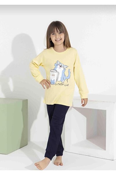 aykidsclup Set de pijamale cu mânecă lungă cu imprimeu pisici pentru fete – Î...