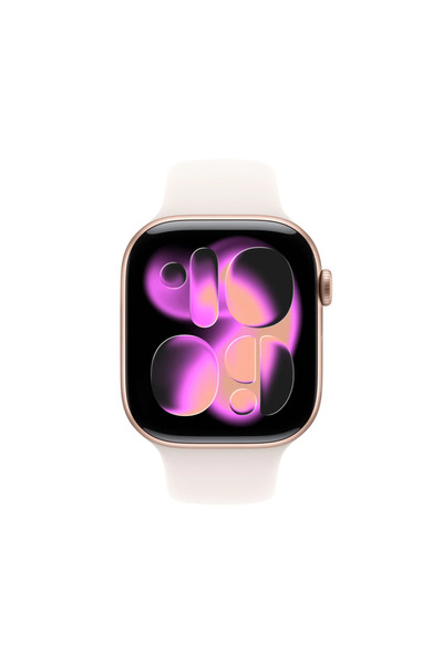 Apple ساعة سيريز 11 بنظام تحديد المواقع العالمي (GPS) بقطر 42 مم وهيكل من الألومنيوم باللون الذهبي الوردي وسوار رياضي بلون وردي فاتح - مقاس صغير/متوسط