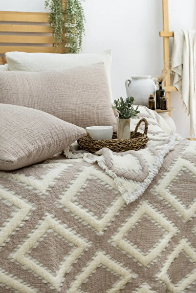colezium Şaheser Home Collection Muslin Bedspread Set Double Size Sonia Beige