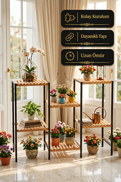 Bino 6 Raflı Metal Ahşap Çiçeklik Saksılık Çok Amaçlı Dekoratif Bitki Standı Organizer Raf