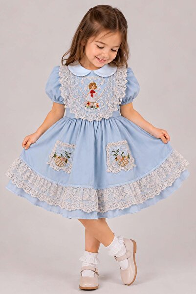 Riccotarz Girl's Baby Blue Dress with Collared Skirt and Lace Embroidery on the Hem and Chest, with Kangaroo Pockets