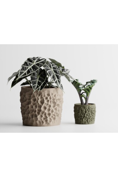 Tasarım Cratera Dekoratif Saksı - Bej İşlemeli Modern Bitki Saksısı 6 cm