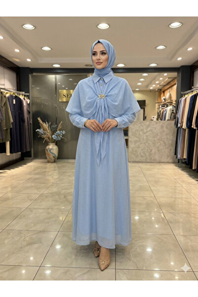 Sevitli Brooch Detailed Cape Hijab Dress-Blue