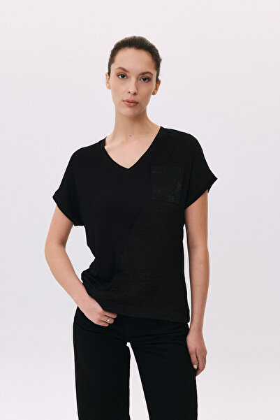 DAIDO Women's V-Neck Glittery Ornamental Pocket Blouse 6230 Black