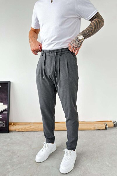 HAFKAGİYİM Dark Gray Regular Fit Fabric Trousers with Waist Rope Detail