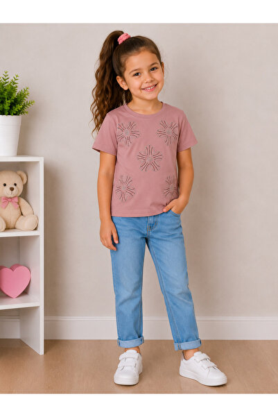 ModaPlaza Girl's Daisy Stone Embroidered Combed Cotton T-Shirt 10939