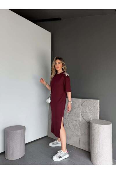 Zerrincan Giyim Bordo Omuzları Yıldız Taşlı Modal Elbise