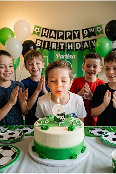 Partixa Futbol Topu Detaylı Beyaz-Yeşil Simli Rakam Mum Doğum Günü Pasta Süsü