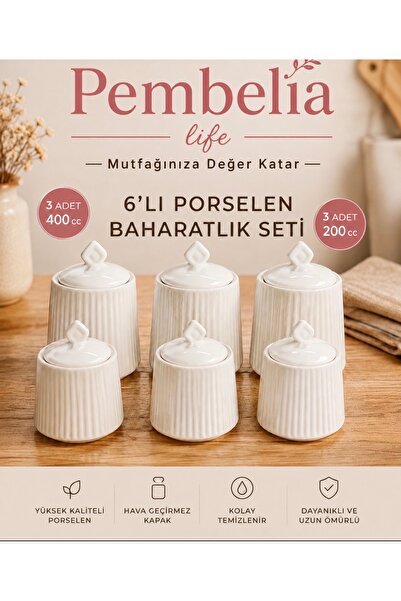 6-Piece Porcelain Spice Holder Set 3 Pieces 400cc 3 Pieces 200cc White Porcelain Spice Set