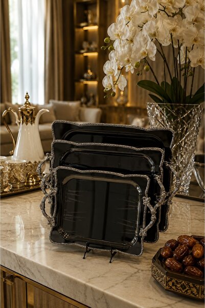Generic Black Tray Set with Silver Handles Luxury Rectangular Combining the A...