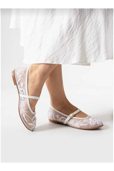 Moppy Women's Stylish Ballet Flats with Fishnet Embroidery and Bead Details