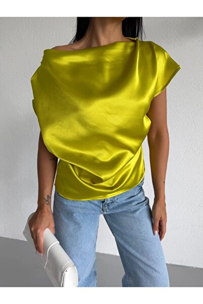 hazelin Women's Pistachio Green One-Shoulder Asymmetrical Cut Satin Blouse Hz...