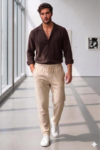 NO 601 Men's Brown Crepe Fabric Shirt and Beige Crepe Trousers Set