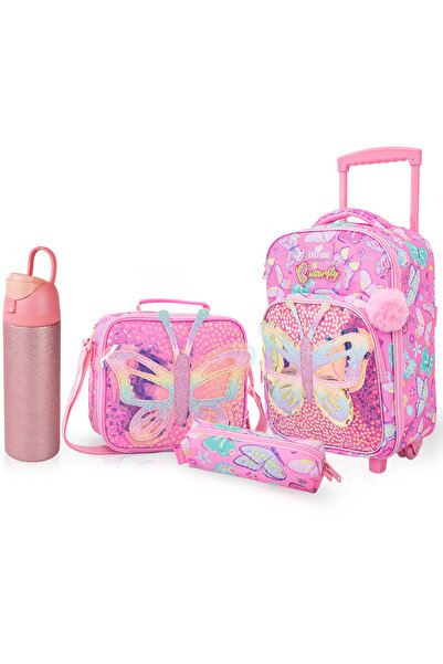 Eazy Kids 17” Trolley School Backpack Set w/ Stainless Steel Glitter Water Bo...