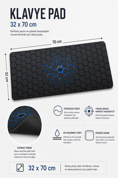 SonicTouch Neon Hex Blue Black Non-Slip Base Smooth Surface Seamless Gamer Ke...