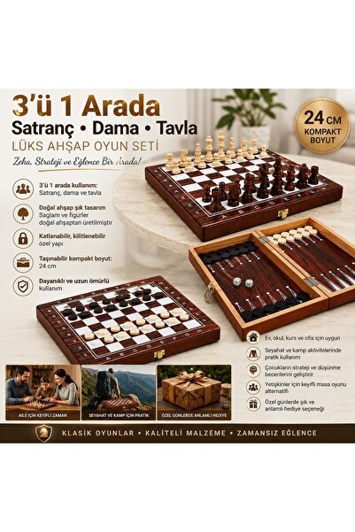 e-life shop Lüks Ahşap 3ü 1 Arada Satranç Dama Tavla Seti Katlanabilir Kilitl...
