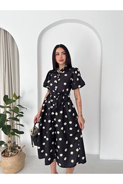 BLUSS Rochie de damă cu curea și nasturi, cu model margaretă