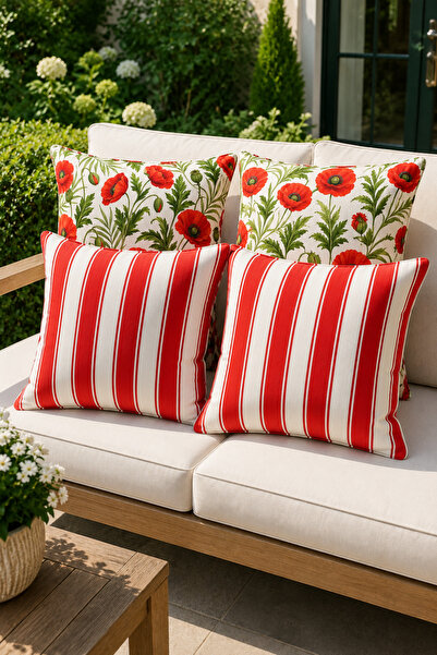 HOMESSA Poppy Flowered Red Striped 4-Piece Throw Pillow Cover Set