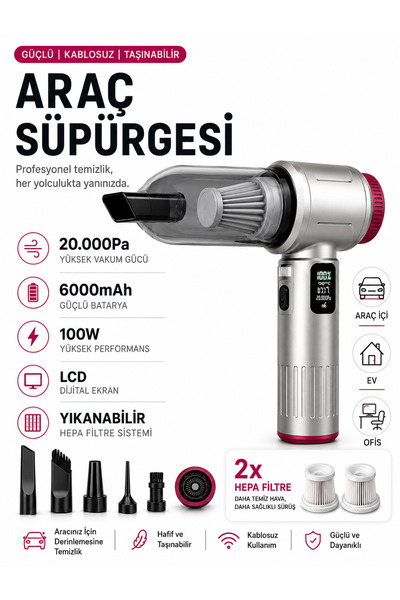 DEANB 20000Pa 6000mAh 100W LCD Ekranlı LED Işıklı Kablosuz Araç İçi Süpürge 2...