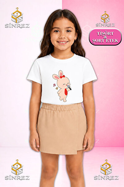 SİNREZ Girl's Set Tavsan Microphone Printed Short Sleeve T-Shirt Shorts Skirt