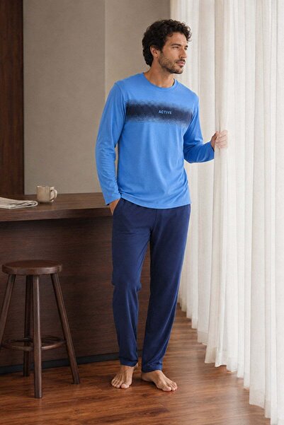 PİJAPİA Men's Long Sleeve 100% Cotton Pajama Set Blue