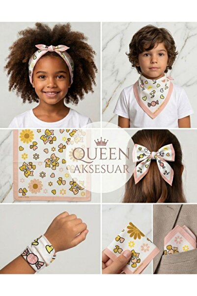 QUEEN AKSESUAR Powder Flower Bow Heart Pattern Cotton Fabric Bandana Kerchief...