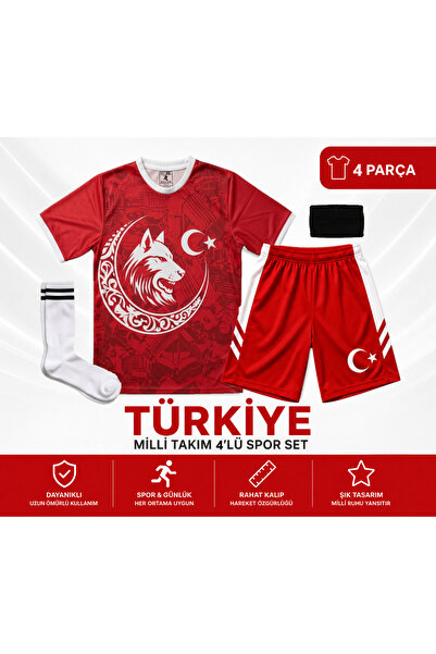 The RAVEN Premium Türkiye Serisi Kırmızı Çocuk Futbol Forması 4 PARÇA ( ÇORAP...