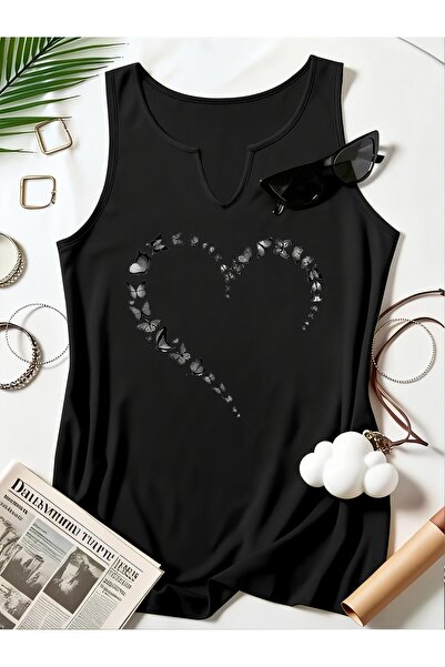 Deocept Women's Hearts Printed Half V-Neck Sleeveless Regular Fit Casual T-Shirt