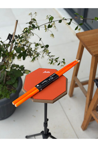 Auster Standlı Siyah Davul Çalışma Pedi - Neon Turuncu 5A Baget Hediyeli Bate...