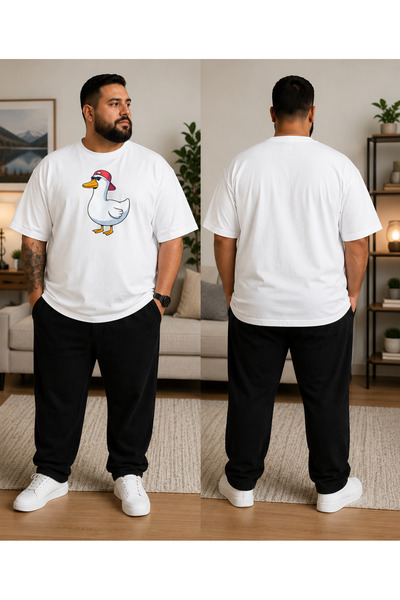 VODEXA Men's Oversize T-Shirt Duck with a Hat Printed 100% Cotton Large Size ...