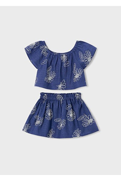 MAYORAL Girl's Crop Blouse and Skirt Set Navy Blue