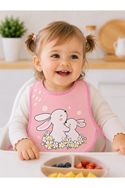 Pure Boutique Bavetica bebe impermeabila roz cu iepurasi pentru hranire diver...