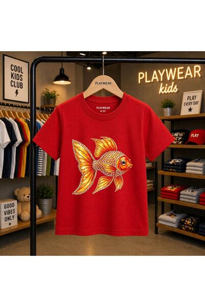 playwear Детска унисекс тениска с щампа на оранжева риба, 100% памук, за 5-6,...