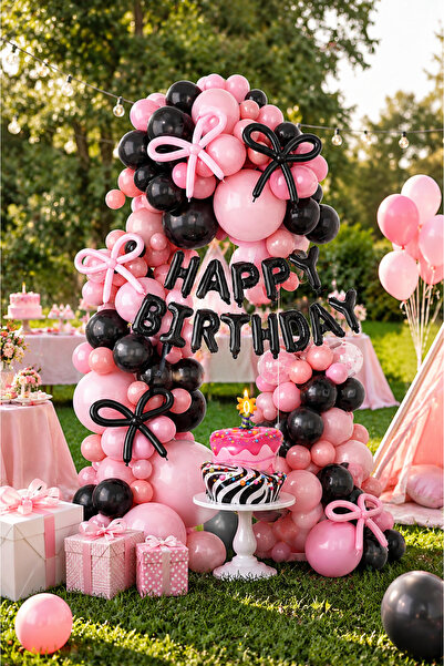 HAKİ Happy Birthday Doğum Günü Konsept Balon Süsleme Seti Pembe Siyah Parti D...