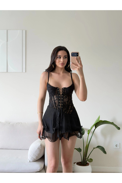 Zoom Butik Peri Güpür Detay Elbise - SİYAH