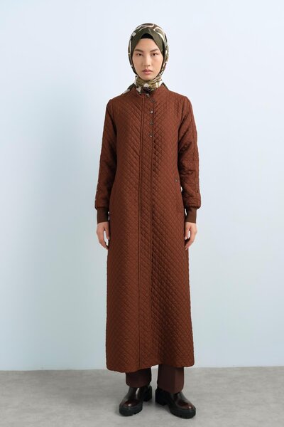 Nihan Thin Quilted Ribbed Overcoat with Snap Detail - Brown