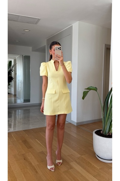 FEMMESTUDIO Women's Yellow Drop Collar Balloon Sleeve Dress