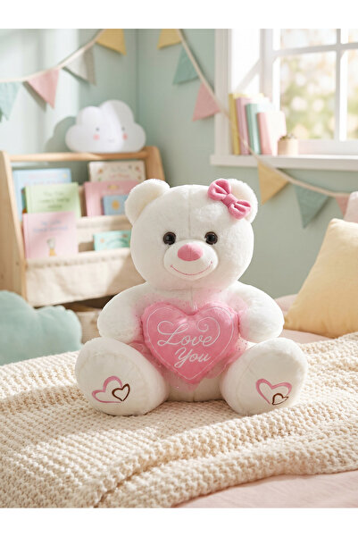 Toyzoy Toys Ayıcık Tokalı Beyaz Kalpli 55cm - Sevimli & Hediyelik Oyuncak