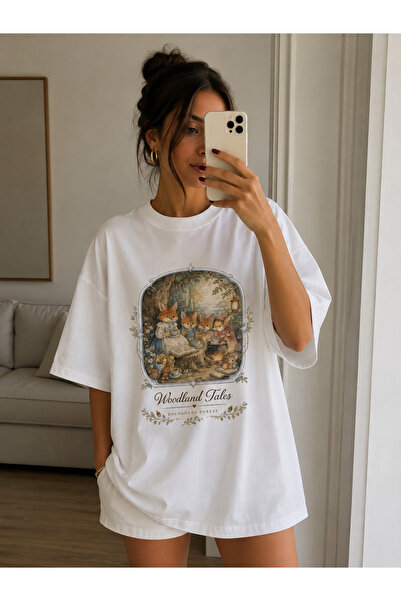 MiniHouse Tricou supradimensionat cu imprimeu artistic vintage cu vulpe