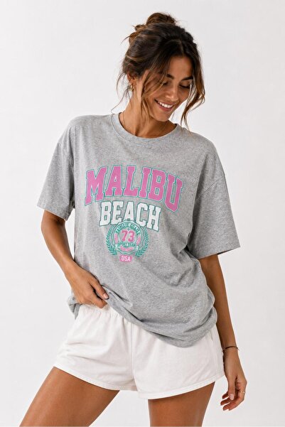 Lizbon Style Tricou de damă oversize, 100% bumbac, cu imprimeu Malibu, cu cro...