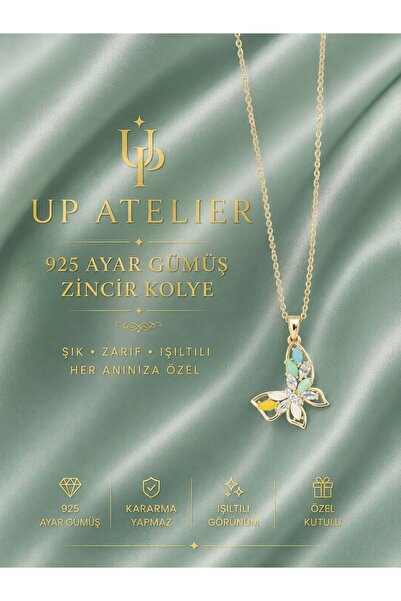 Up Atelier 925 Ayar Gümüş İthal Zincirli Zirkon Taşlı Mavi Sarı Renk Kelebek ...