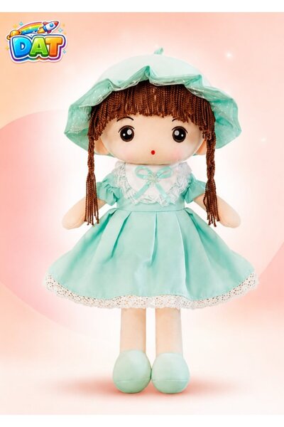 DAT Soft Plush Girl Doll with Lace Ruffle Hat & Braided Hair – Stuffed Toy in...