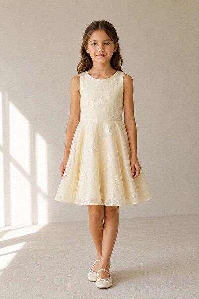 nk kids Kız Çocuk 8-14 Yaş Payet İşlemeli Astarlı Şifon Elbise Krem